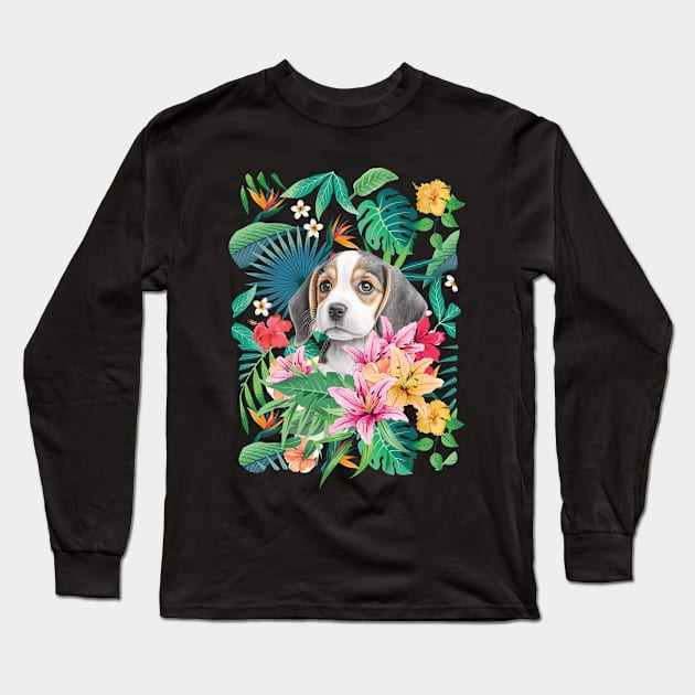 Tropical Beagle Puppy 1 Long Sleeve T-Shirt by LulululuPainting